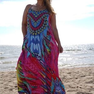 Colorful Spaghetti strap dress with Jeweled Pattern. Resort Maxi Dress